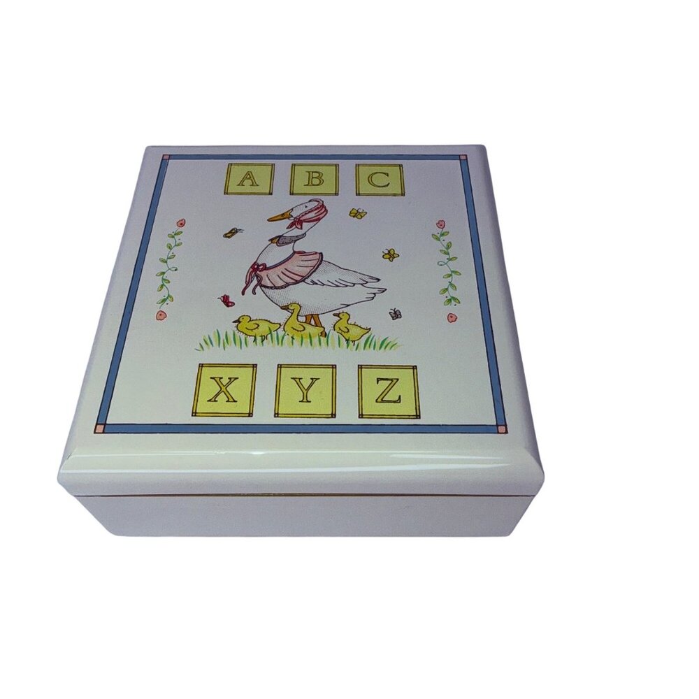 Vintage Japan Musical Jewelry Box Mother Goose ABC XYZ Nursery Theme Plastic 80s